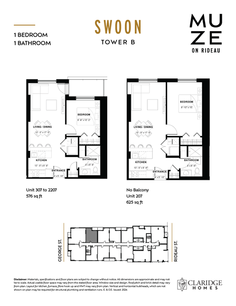 Floor plan for 1 bed, 1 bath, 625 sqft